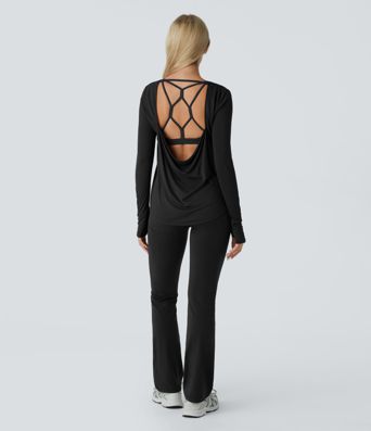 Cowl Back Round Neck Thumb Hole Curved Hem Yoga Sports Top