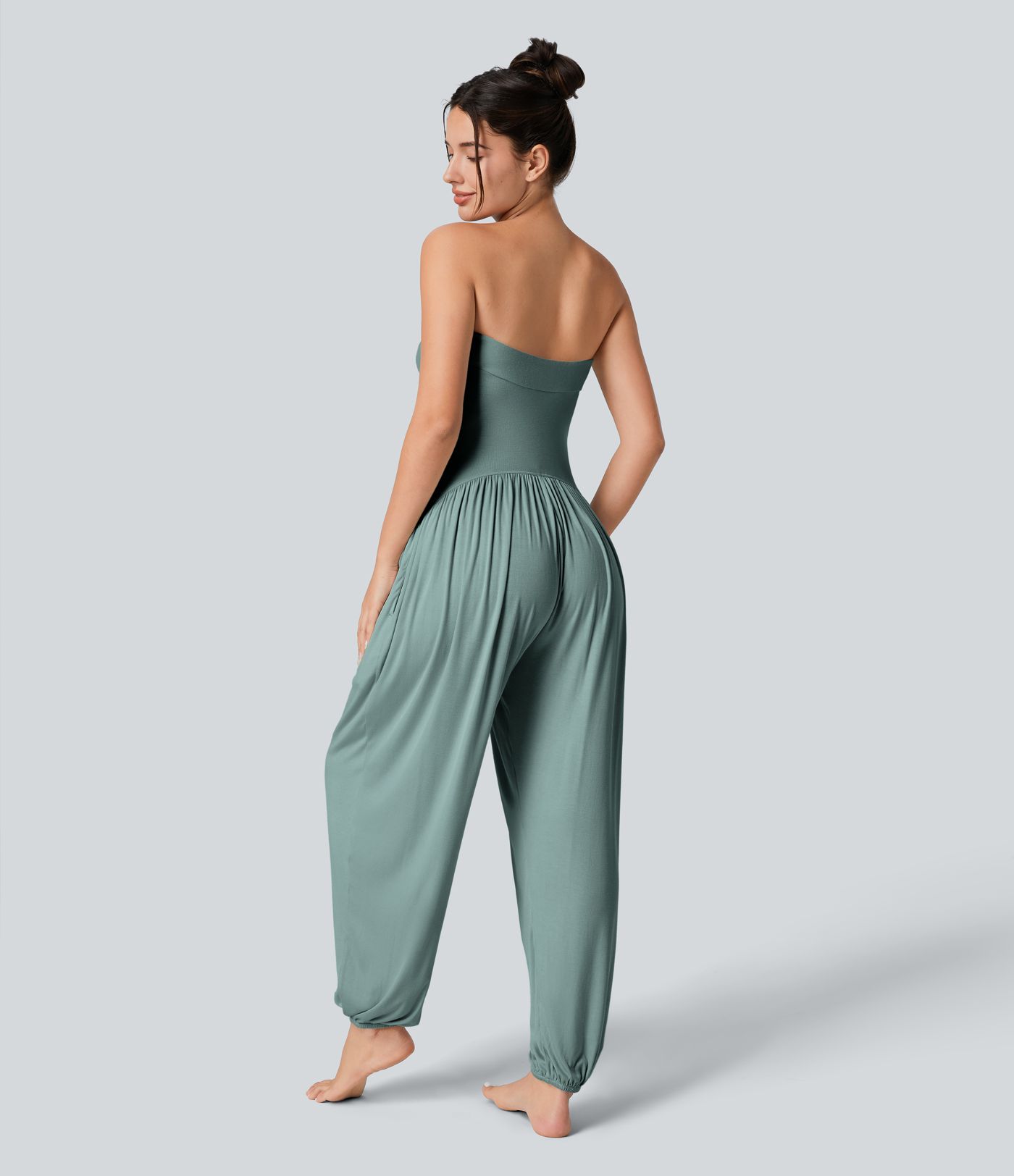 Ribbed Tube Backless Side Pocket Casual Jumpsuit