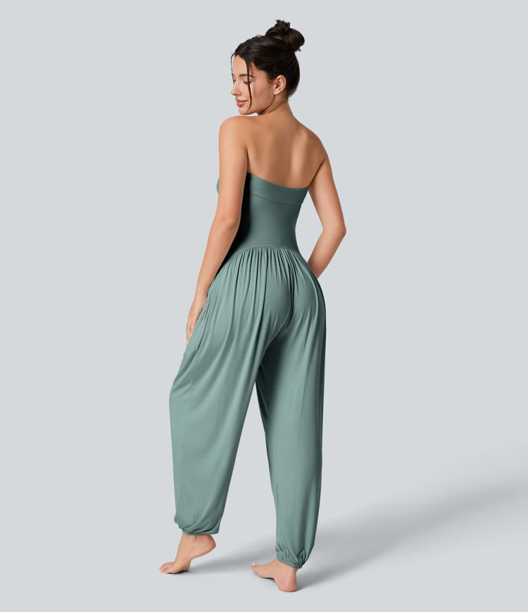 Ribbed Tube Backless Side Pocket Casual Jumpsuit