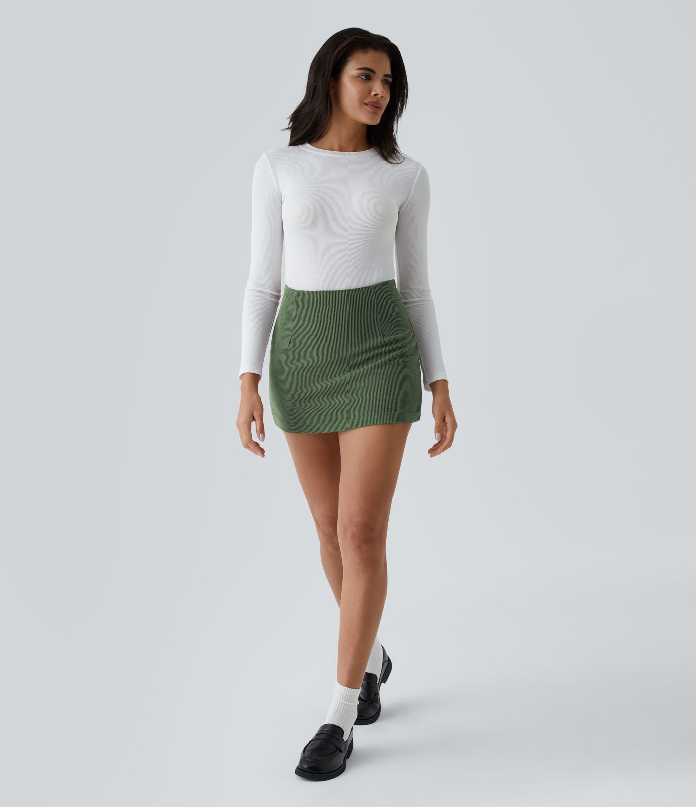 Mini-Jupe Casual en Velours Côtelé 2 en 1 Fermeture Éclair Invisible Taille Haute