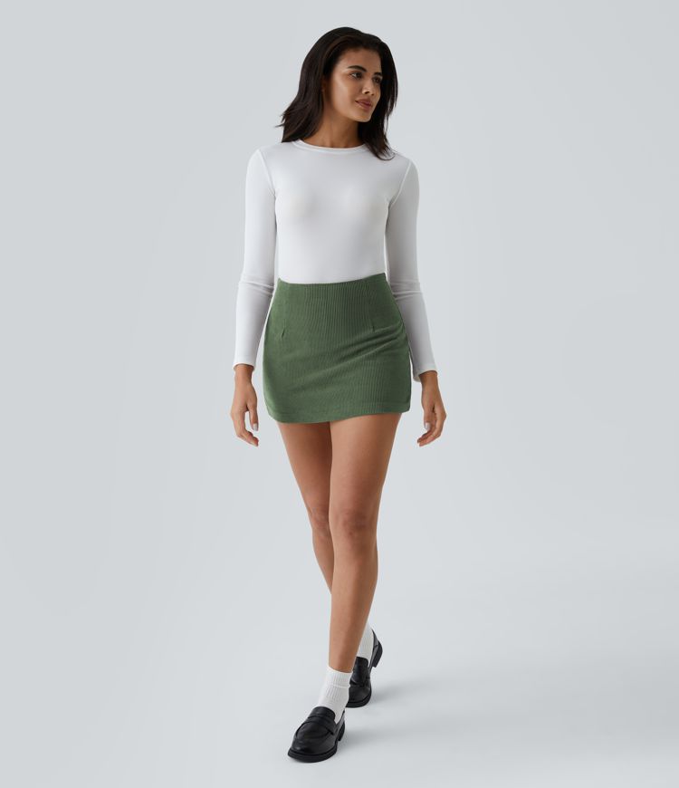 Mini-Jupe Casual en Velours Côtelé 2 en 1 Fermeture Éclair Invisible Taille Haute