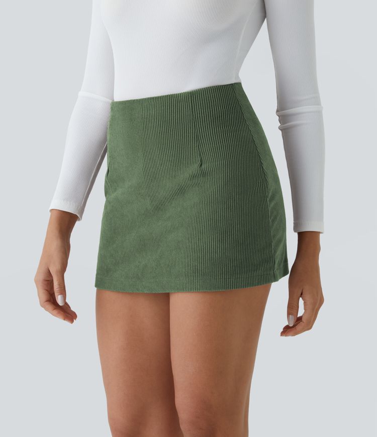 Mini-Jupe Casual en Velours Côtelé 2 en 1 Fermeture Éclair Invisible Taille Haute