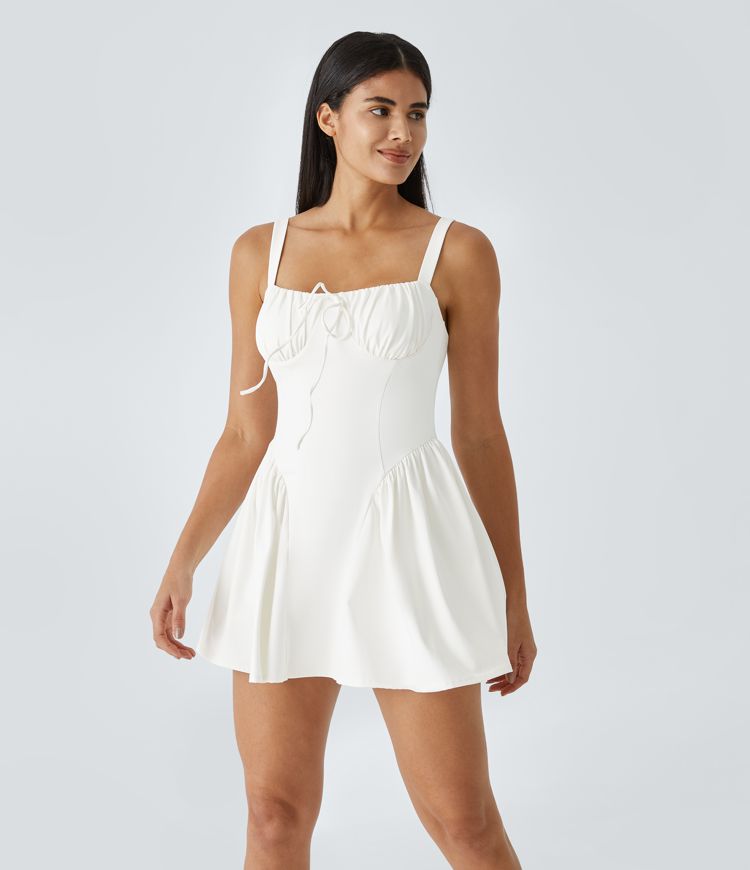 Knot Plicated 2-in-1 Side Pocket Flare Mini Dance Slip Dress-Easy Peezy