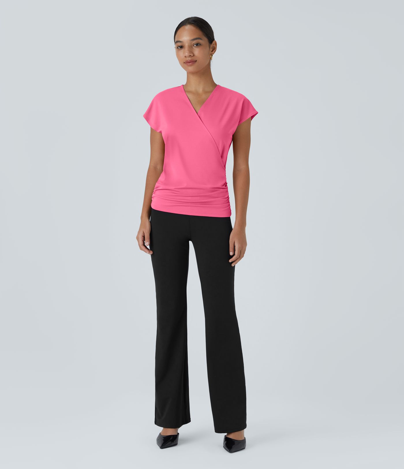 V Neck Cap Sleeve Crossover Ruched Solid Work Blouse