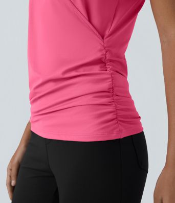V Neck Cap Sleeve Crossover Ruched Solid Work Blouse