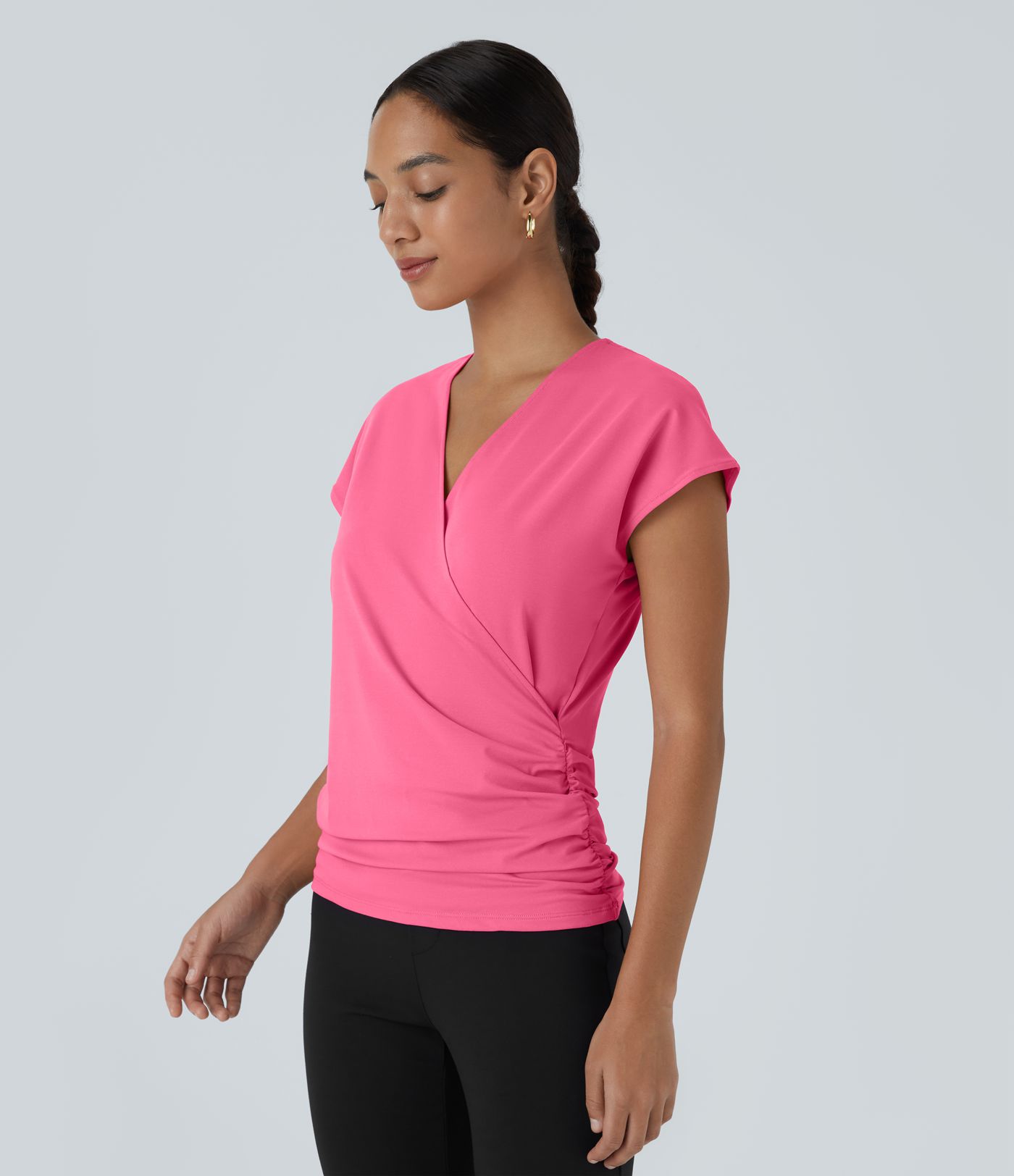 V Neck Cap Sleeve Crossover Ruched Solid Work Blouse