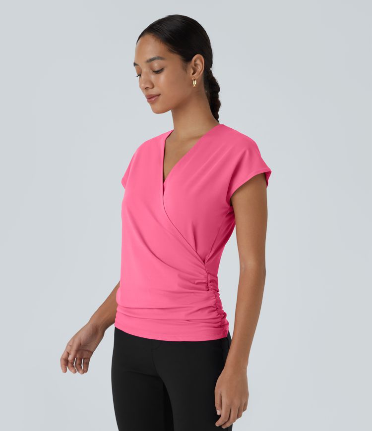 V Neck Cap Sleeve Crossover Ruched Solid Work Blouse