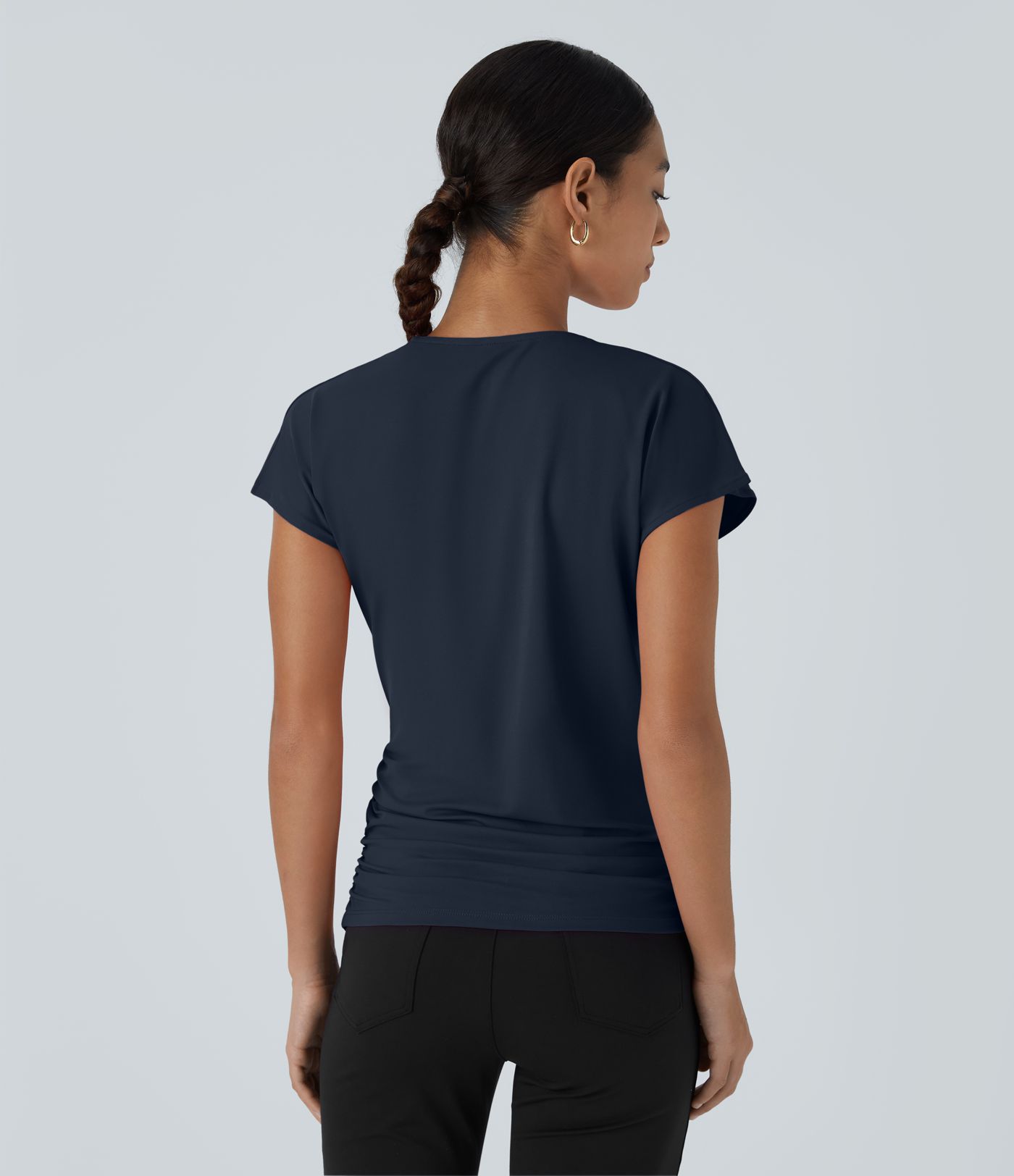 Blusa oficina sólida pliegue cruzado manga japonesa cuello V