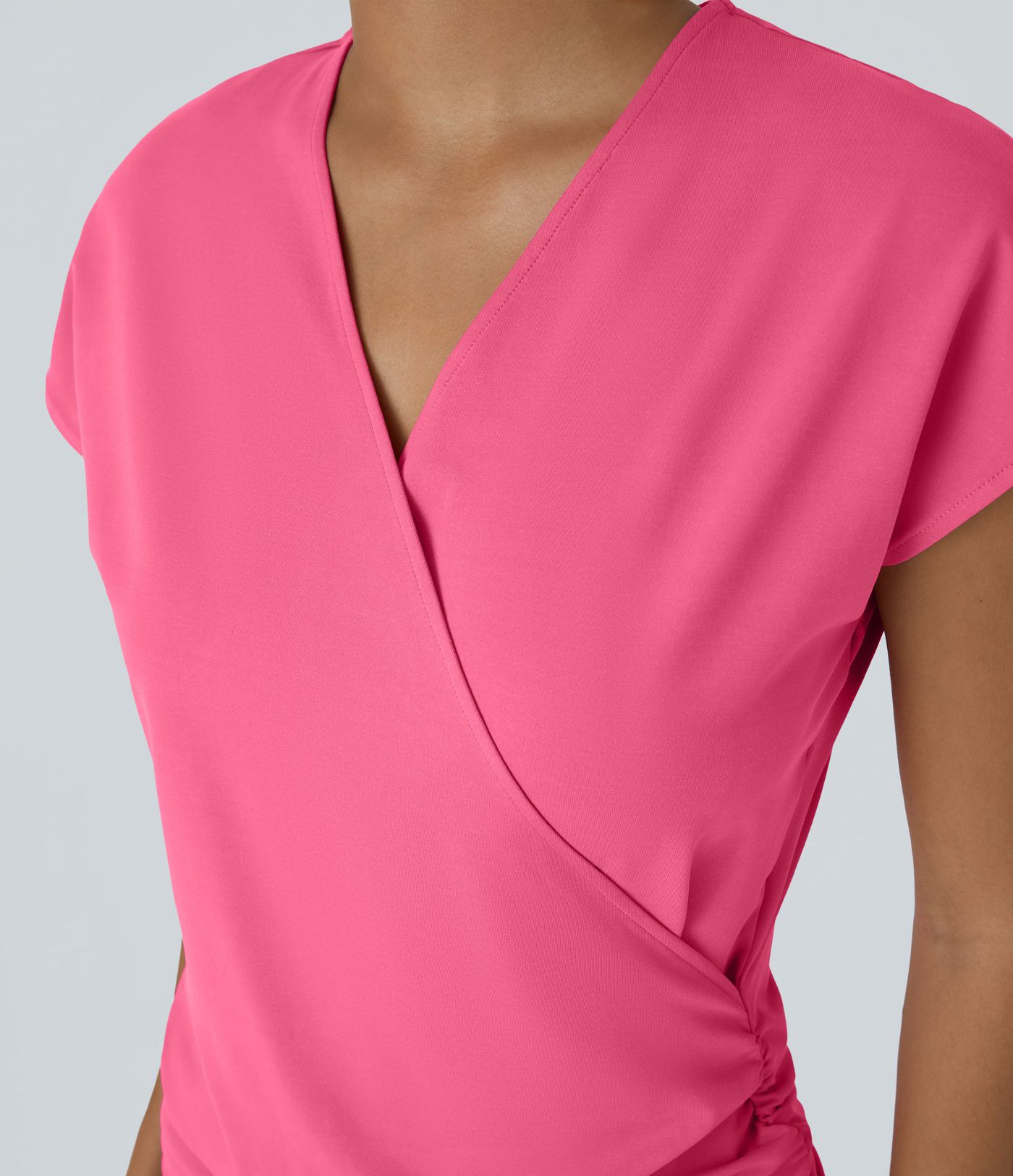 V Neck Cap Sleeve Crossover Ruched Solid Work Blouse