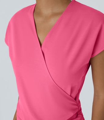 V Neck Cap Sleeve Crossover Ruched Solid Work Blouse