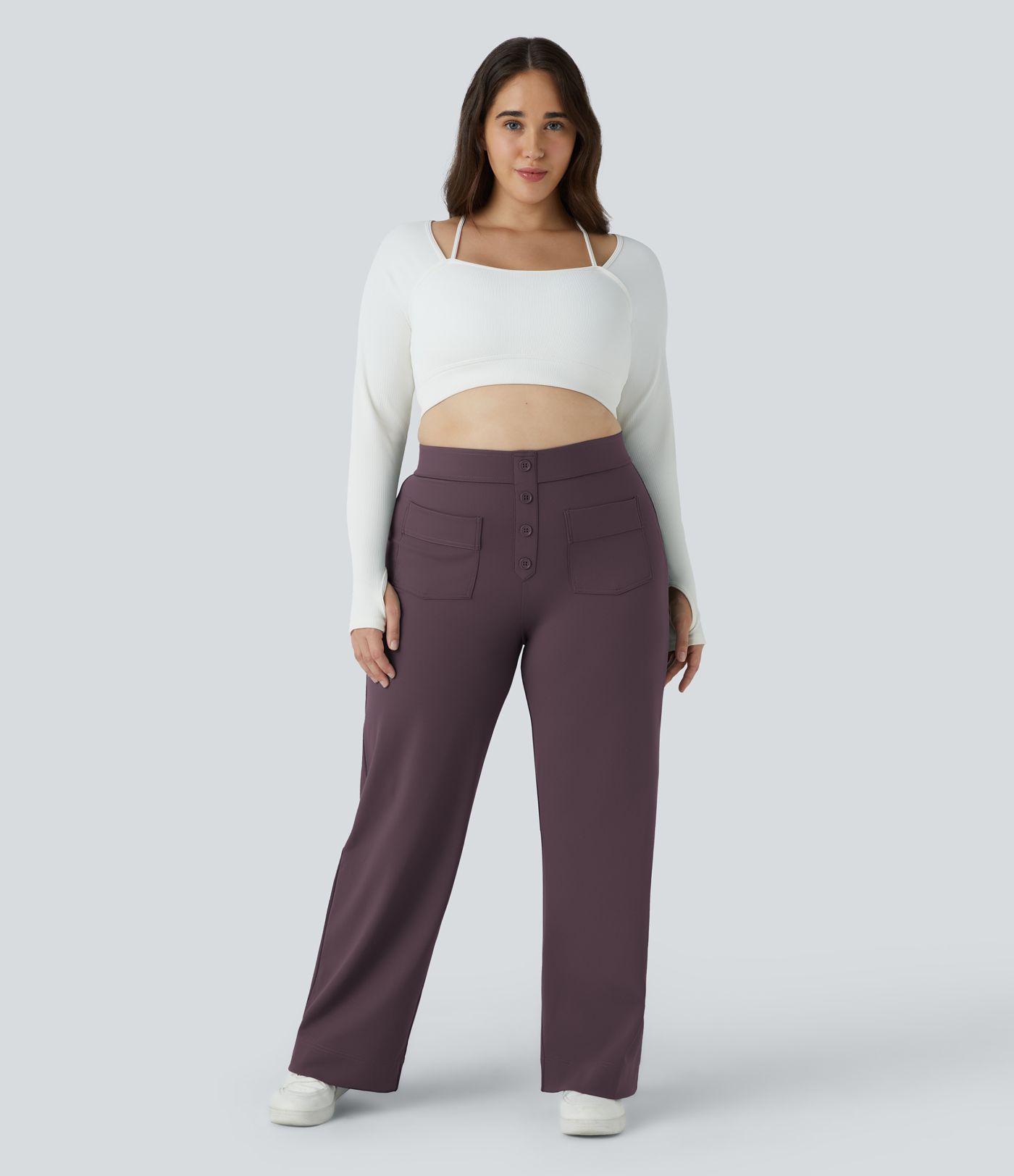 Pantalón tiro alto botón múltiple bolsillo pierna recta talla grande