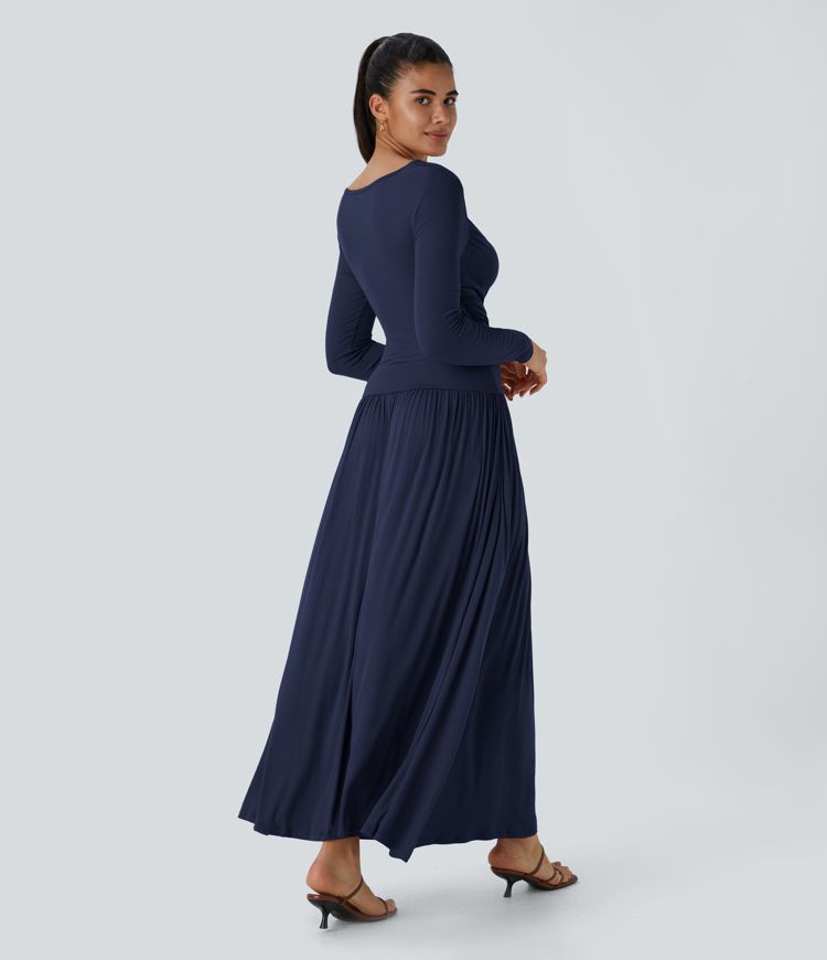 Ribbed Boat Neck Ruched Side Pocket Flowy Maxi Casual Dress