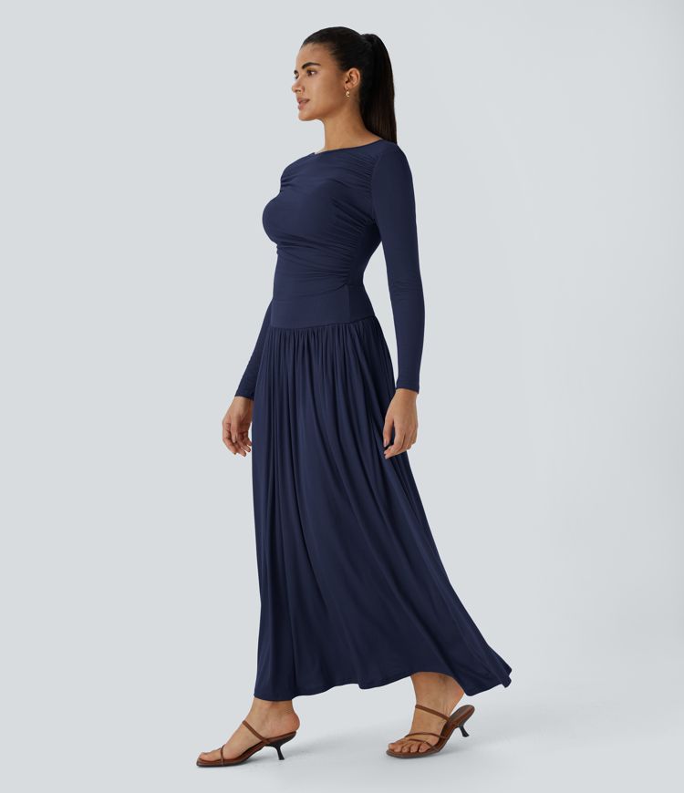 Ribbed Boat Neck Ruched Side Pocket Flowy Maxi Casual Dress