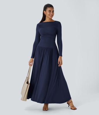 Geripptes Maxi-Kleid mit U-Boot-Ausschnitt und Taschen