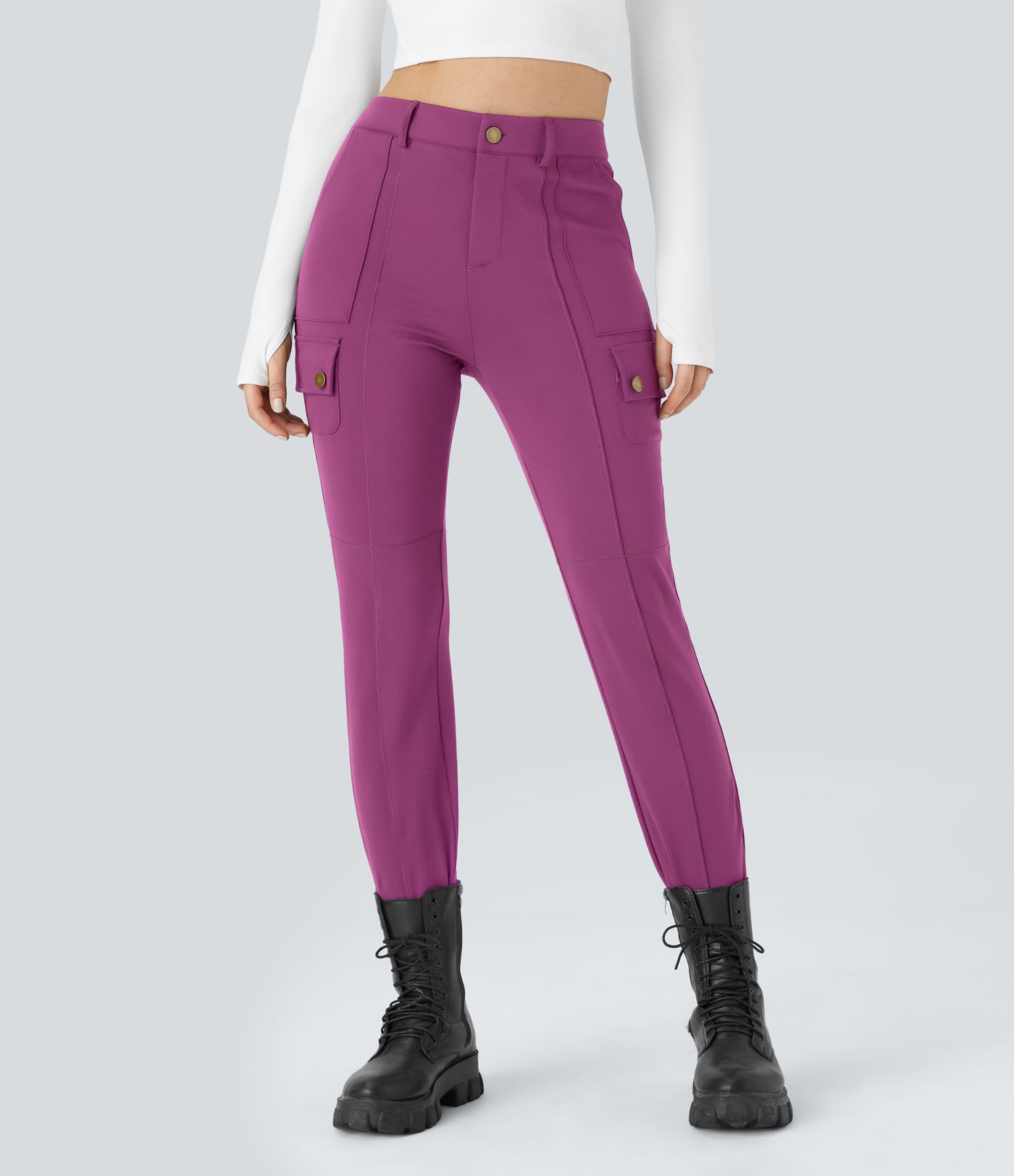 DayStretch High Waisted Zipper Pockets Solid Skinny Cargo Trousers