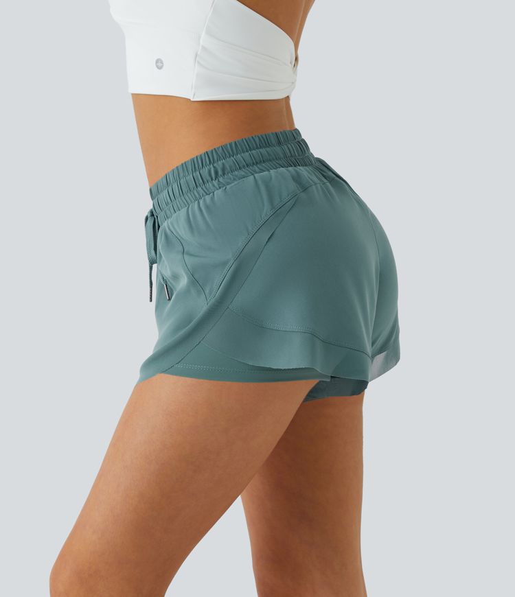 Mid Rise Drawstring Contrast Mesh 2-in-1 Flowy Running Shorts 3''