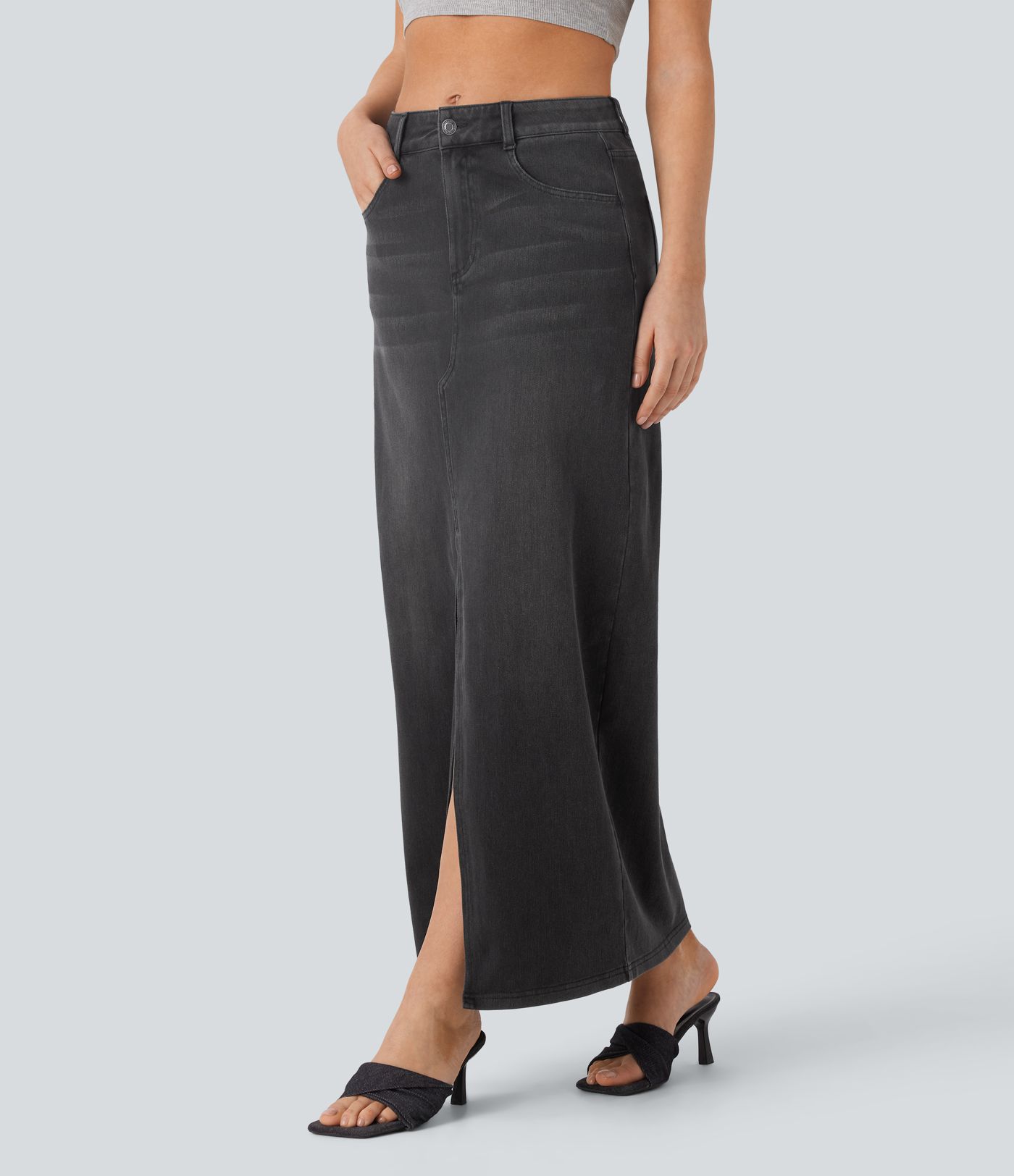Halara Flex™ Mid Rise Pockets Straight Maxi Washed Denim Casual Skirt Halara Flex™ Mid Rise Pockets Straight Maxi Washed Denim Casual Skirt
