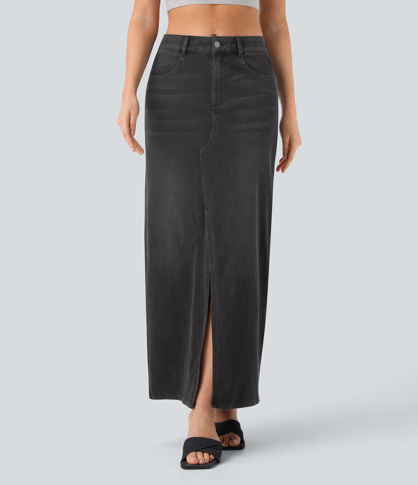 Halara Flex™ Mid Rise Pockets Straight Maxi Washed Denim Casual Skirt Halara Flex™ Mid Rise Pockets Straight Maxi Washed Denim Casual Skirt