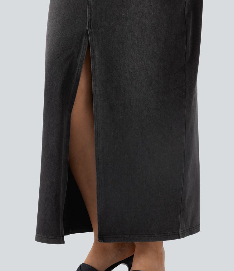 Halara Flex™ Mid Rise Pockets Straight Maxi Washed Denim Casual Skirt Halara Flex™ Mid Rise Pockets Straight Maxi Washed Denim Casual Skirt