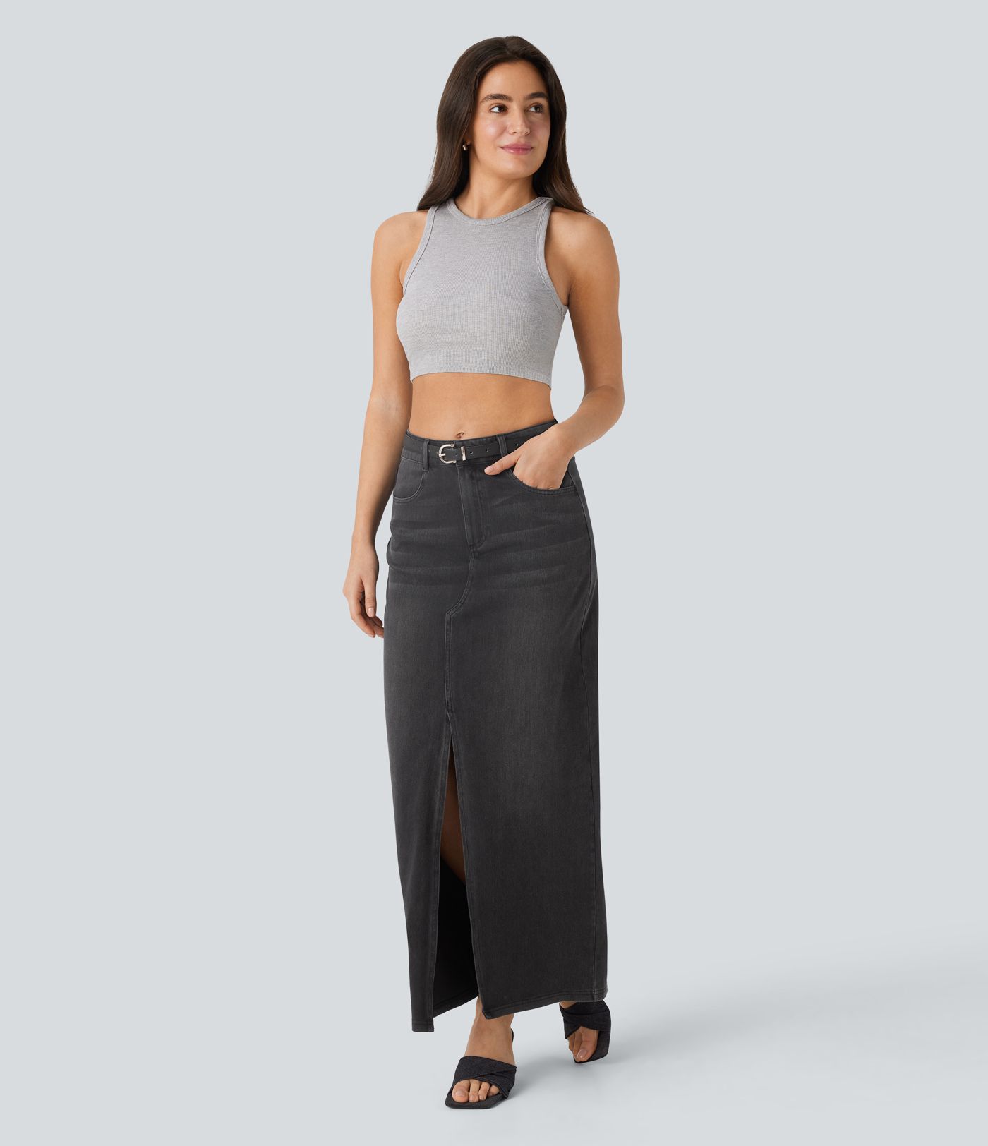 Halara Flex™ Mid Rise Pockets Straight Maxi Washed Denim Casual Skirt Halara Flex™ Mid Rise Pockets Straight Maxi Washed Denim Casual Skirt
