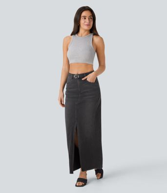 Halara Flex™ Mid Rise Pockets Straight Maxi Washed Denim Casual Skirt Halara Flex™ Mid Rise Pockets Straight Maxi Washed Denim Casual Skirt