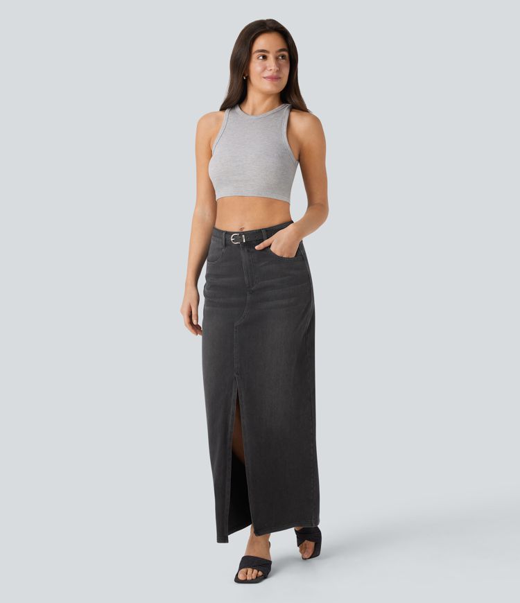 Halara Flex™ Mid Rise Pockets Straight Maxi Washed Denim Casual Skirt Halara Flex™ Mid Rise Pockets Straight Maxi Washed Denim Casual Skirt