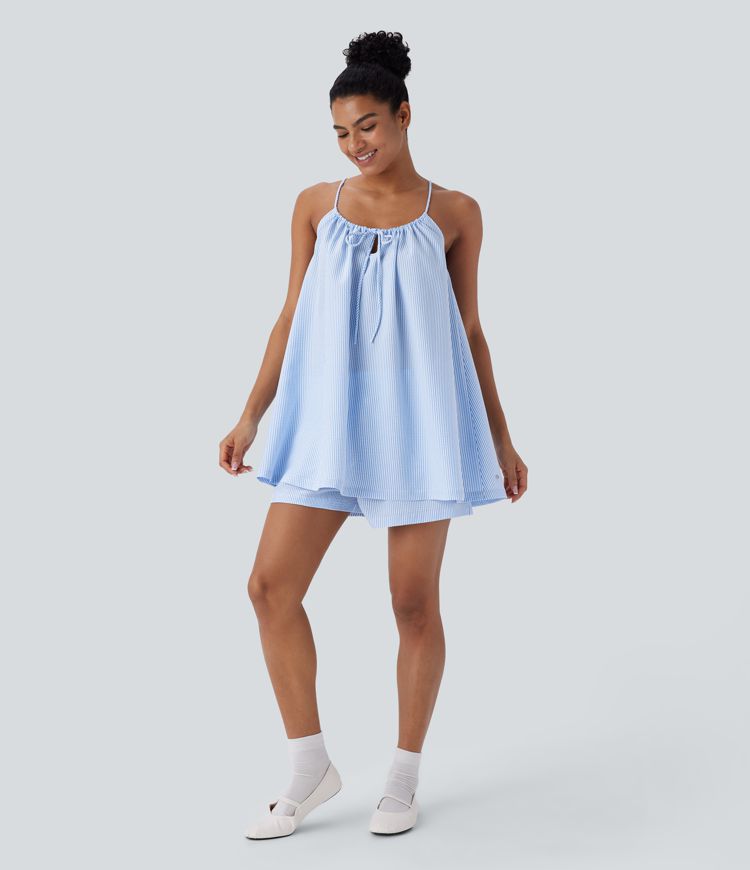 Adjustable Tie Neck Cut Out Stripe Mini Lounge Slip Dress