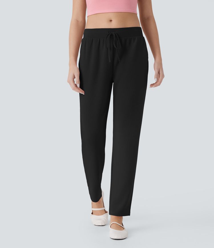 Low Rise Drawstring Pocket Tapered Waffle Lounge Pants