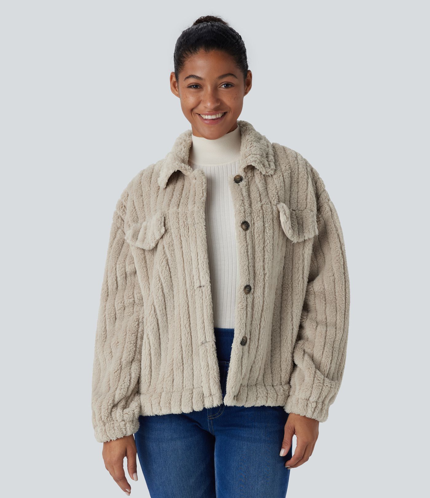 Chaqueta sherpa cuello botón manga larga