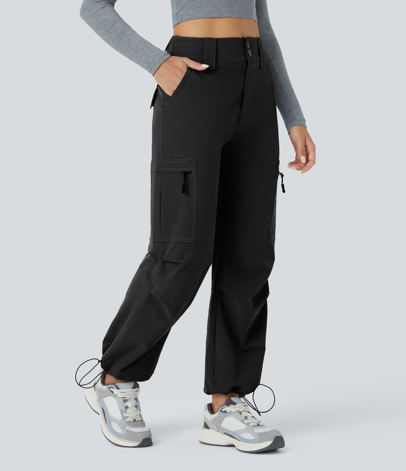 Joggers cargo tiro medio botón cremallera múltiples bolsillos cordón ajustable