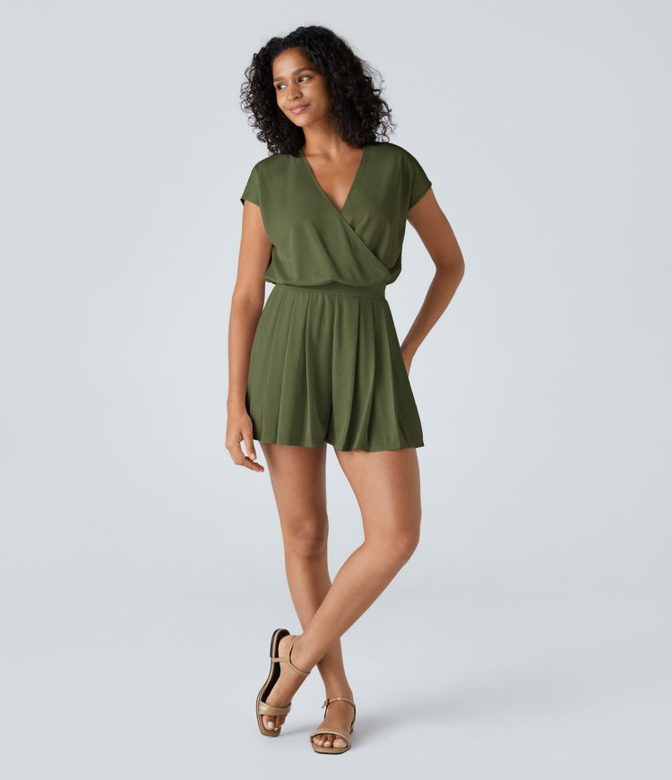 V Neck Short Sleeve Pocket Waffle Casual Romper