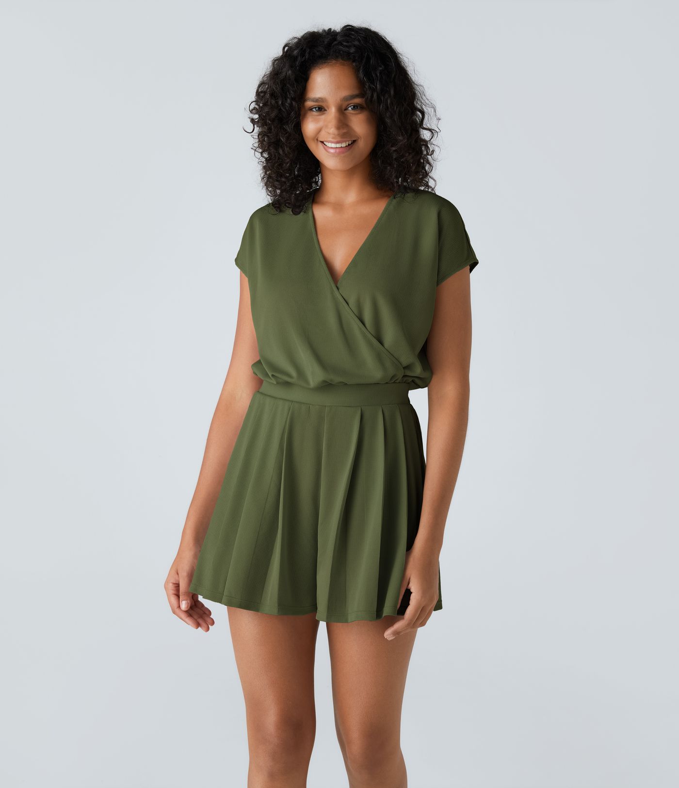 V Neck Short Sleeve Pocket Waffle Casual Romper