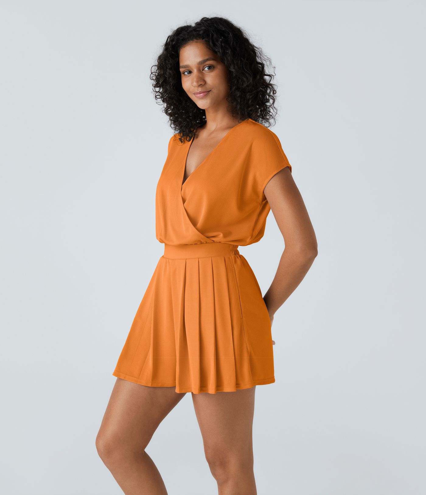 V Neck Short Sleeve Side Pocket Playsuit Waffle Casual Romper