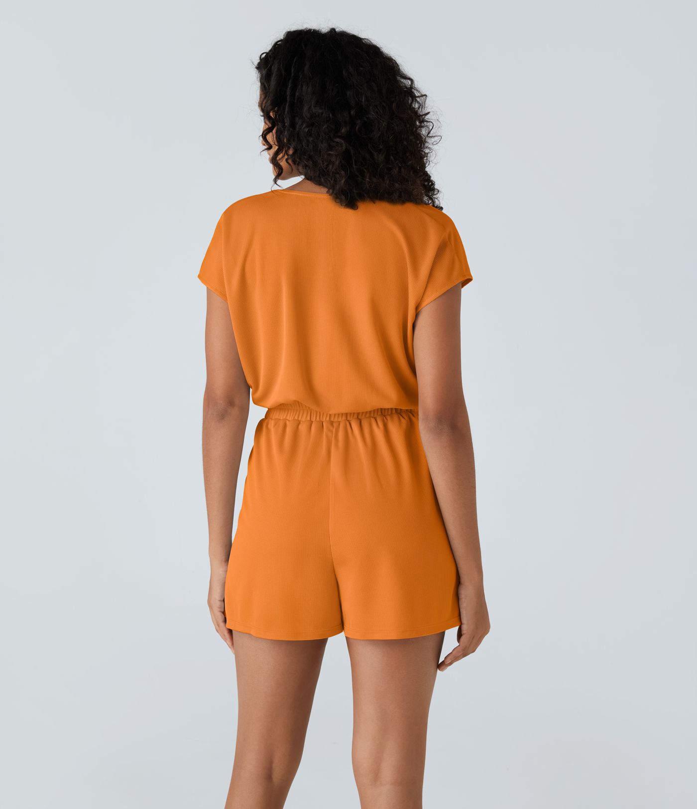 V Neck Short Sleeve Side Pocket Playsuit Waffle Casual Romper