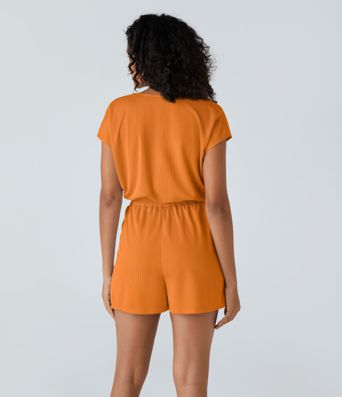 V Neck Short Sleeve Side Pocket Playsuit Waffle Casual Romper