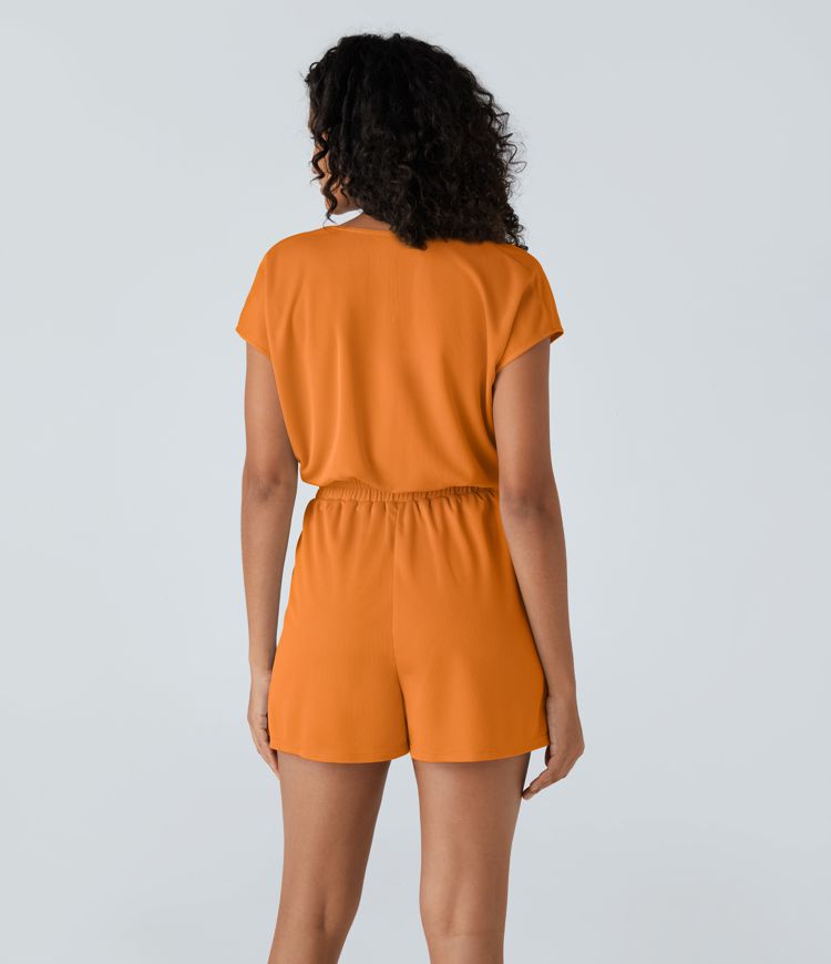 V Neck Short Sleeve Side Pocket Playsuit Waffle Casual Romper