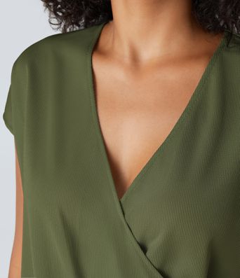 V Neck Short Sleeve Pocket Waffle Casual Romper