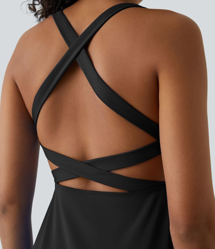 Robe Danse Sport à Bretelles Croisées et Dos Nu avec Évasé Deux Pièces et Poche