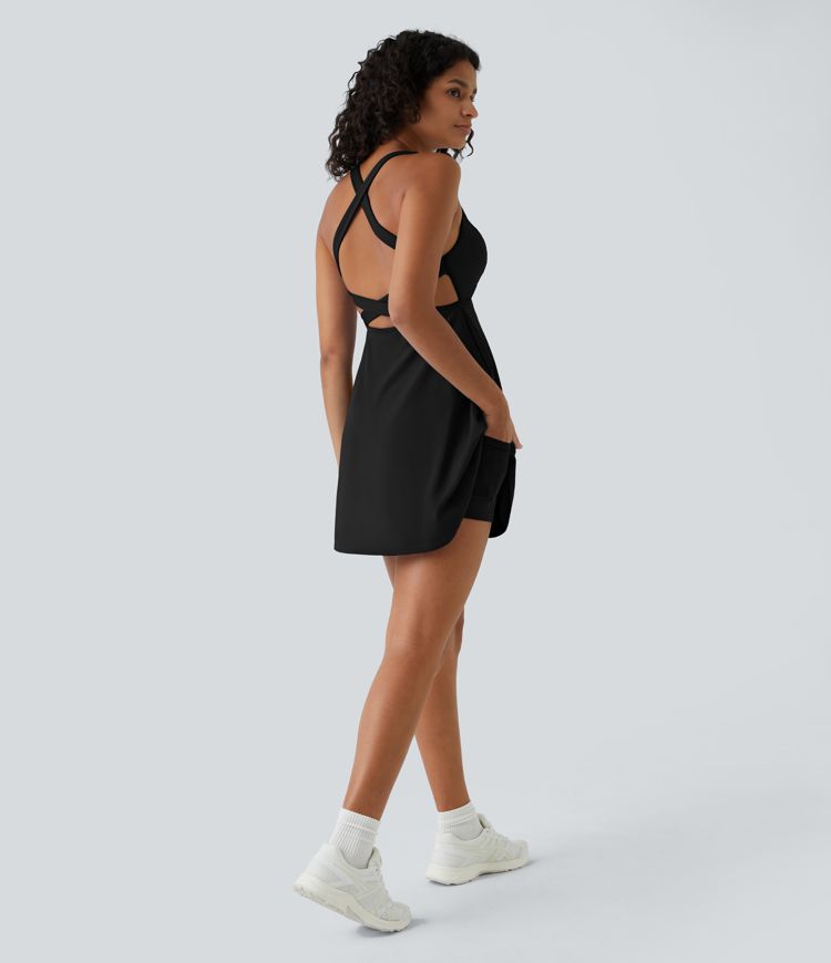 Robe Danse Sport à Bretelles Croisées et Dos Nu avec Évasé Deux Pièces et Poche