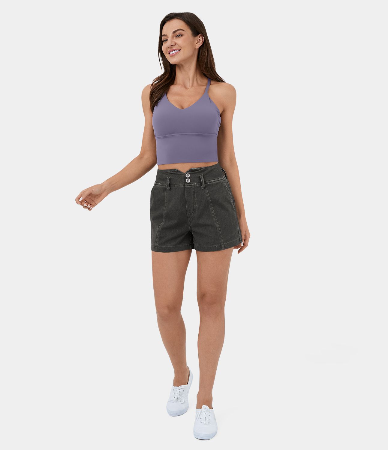 Pantalón corto Halara Flex™ Denim mezclilla elástica lavada transpirable tiro alto cintura V botón bolsillo 7.5cm