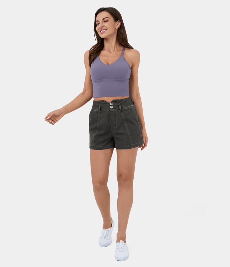 Pantalón corto Halara Flex™ Denim mezclilla elástica lavada transpirable tiro alto cintura V botón bolsillo 7.5cm