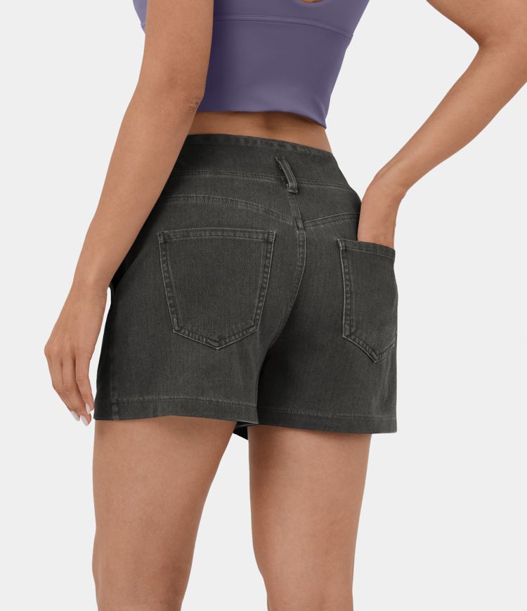 Pantalón corto Halara Flex™ Denim mezclilla elástica lavada transpirable tiro alto cintura V botón bolsillo 7.5cm