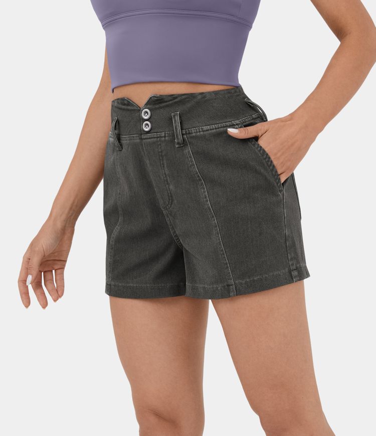 Pantalón corto Halara Flex™ Denim mezclilla elástica lavada transpirable tiro alto cintura V botón bolsillo 7.5cm