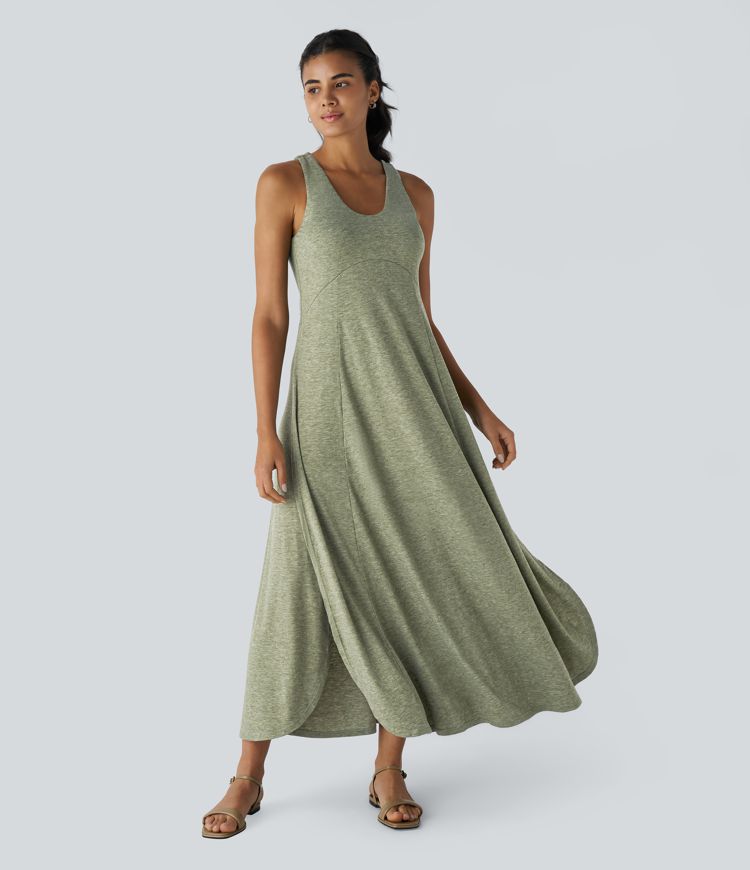 U-neck backless slit loose maxi casual tank dress