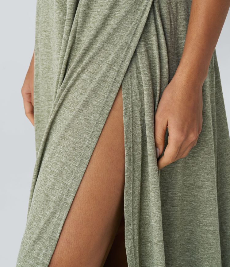 U-neck backless slit loose maxi casual tank dress