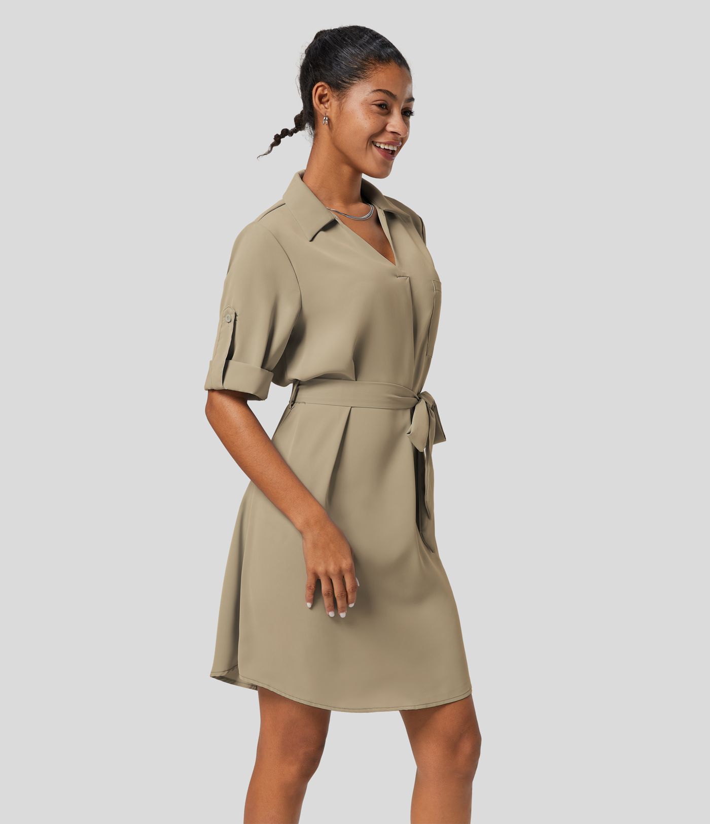 Collared Roll Up Sleeve Belted Relaxed Work Shirt Dress