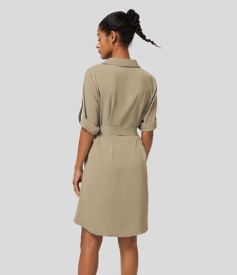 Collared Roll Up Sleeve Belted Relaxed Work Shirt Dress