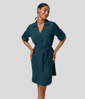 Robe-chemise décontractée à col, manches retroussables et ceinture