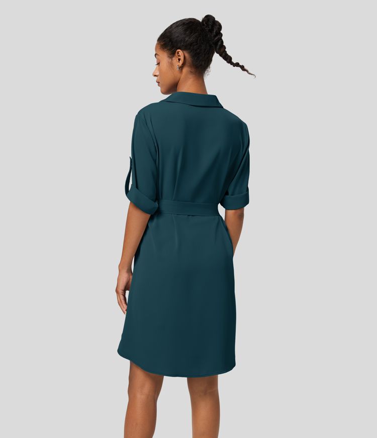 Robe-chemise décontractée à col, manches retroussables et ceinture