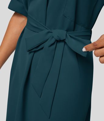 Robe-chemise décontractée à col, manches retroussables et ceinture